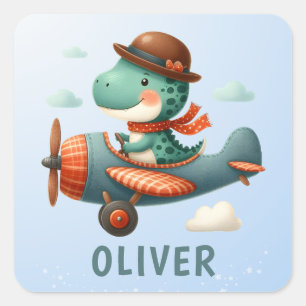 Adesivo Quadrado Cute Pequeno Trex Dinossauro Voando Avião