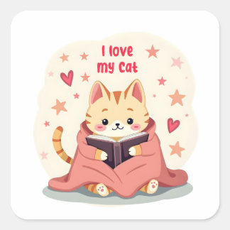 Adesivo Quadrado Cute persian cat Sticker, reading book cat sticker