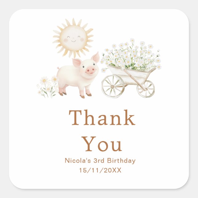 Adesivo Quadrado Cute Pig Wheelbarrow Birthday Party (Frente)