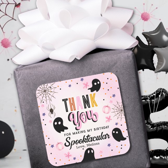 Adesivo Quadrado Cute Pink Black Spooktacular Birthday Thank You (Criador carregado)