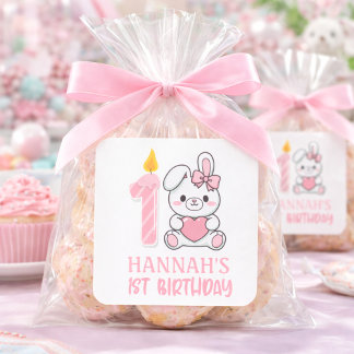 Adesivo Quadrado Cute Pink Bunny Candle Girls First Birthday 