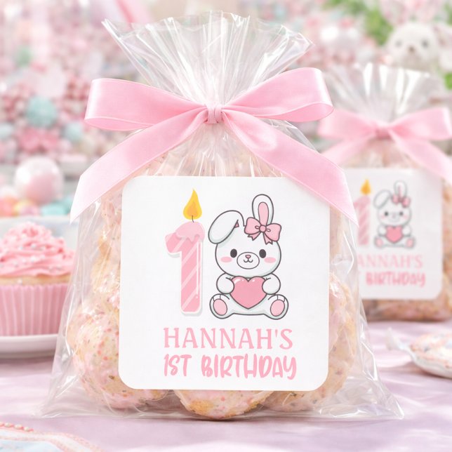 Adesivo Quadrado Cute Pink Bunny Candle Girls First Birthday  (pink bunny candle first birthday sticker)