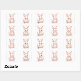 Adesivo Quadrado Cute Pink Bunny Party Theme Pastel Floral