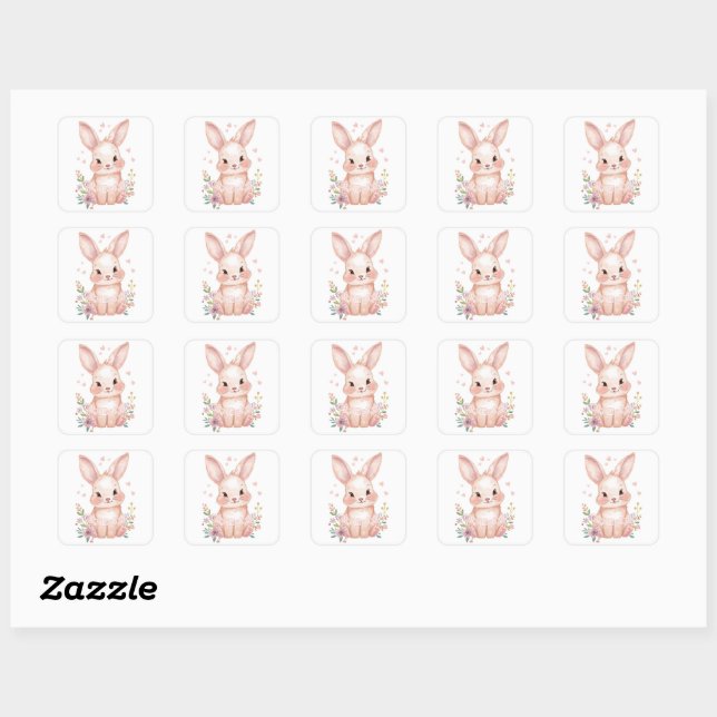 Adesivo Quadrado Cute Pink Bunny Party Theme Pastel Floral (Folha)