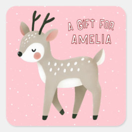 Adesivo Quadrado Cute Pink Reindeer Kid`s Name Christmas Gift