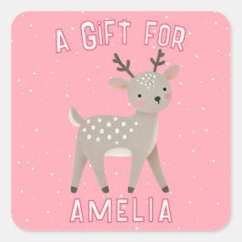 Adesivo Quadrado Cute Pink Reindeer Kid`s Name Christmas Gift