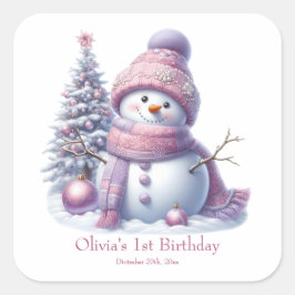 Adesivo Quadrado Cute Pink Snowman Winter Birthday