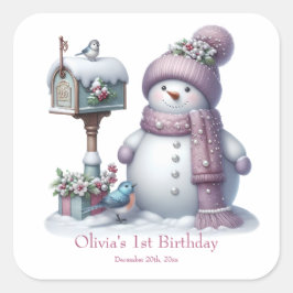 Adesivo Quadrado Cute Pink Snowman Winter Birthday