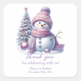Adesivo Quadrado Cute Pink Snowman Winter Birthday