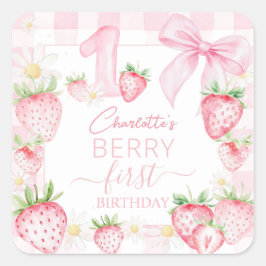 Adesivo Quadrado Cute Pink Strawberries Berry First 1st Birthday
