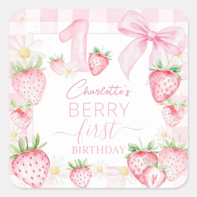Adesivo Quadrado Cute Pink Strawberries Berry First 1st Birthday (Frente)