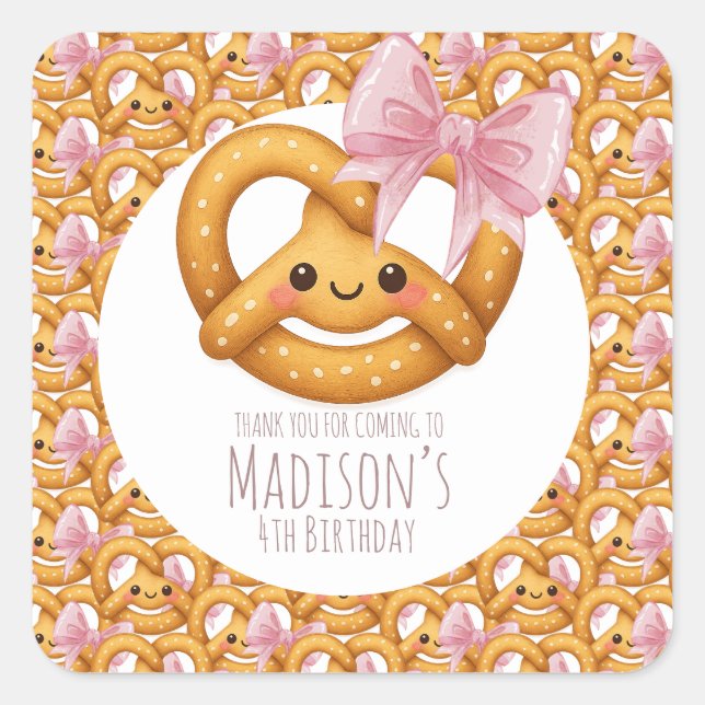 Adesivo Quadrado Cute Pretzel Girl Birthday Party (Frente)
