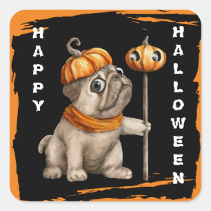 Adesivo Quadrado Cute Pug Filhote Crianças Halloween