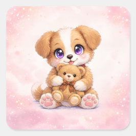Adesivo Quadrado Cute Puppy Hugging Teddy Bear Square Sticker
