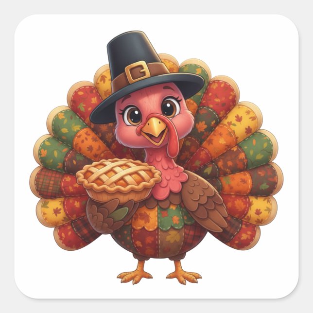 Adesivo Quadrado Cute Quilted Patchwork Turkey | Pilgrim Hat Pie (Frente)