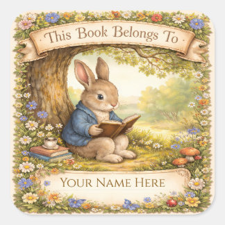 Adesivo Quadrado Cute Rabbit Reading a Book - Bookplate