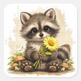 Adesivo Quadrado Cute Raccoon Flower Sticker Kawaii