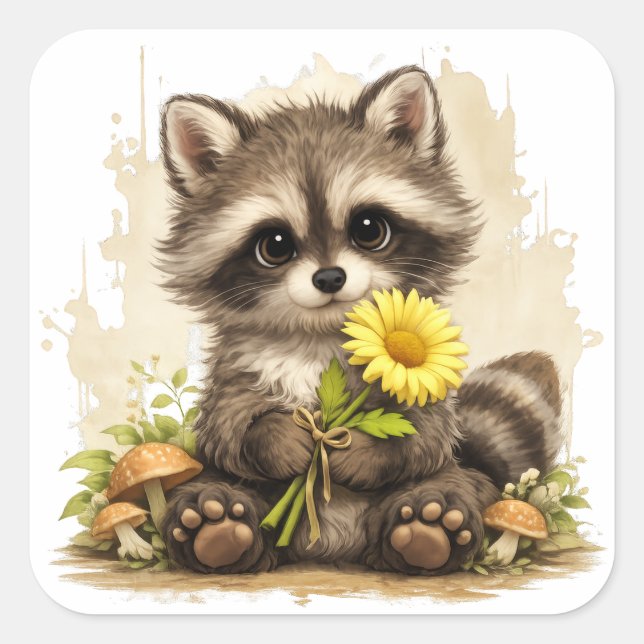 Adesivo Quadrado Cute Raccoon Flower Sticker Kawaii (Frente)