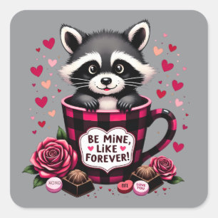 Adesivo Quadrado Cute Raccoon Valentine Buffalo Xadrez Estético