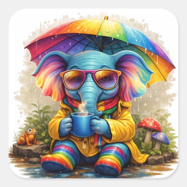 Adesivo Quadrado Cute Rainbow Elephant Sticker – Cozy Kawaii (Frente)