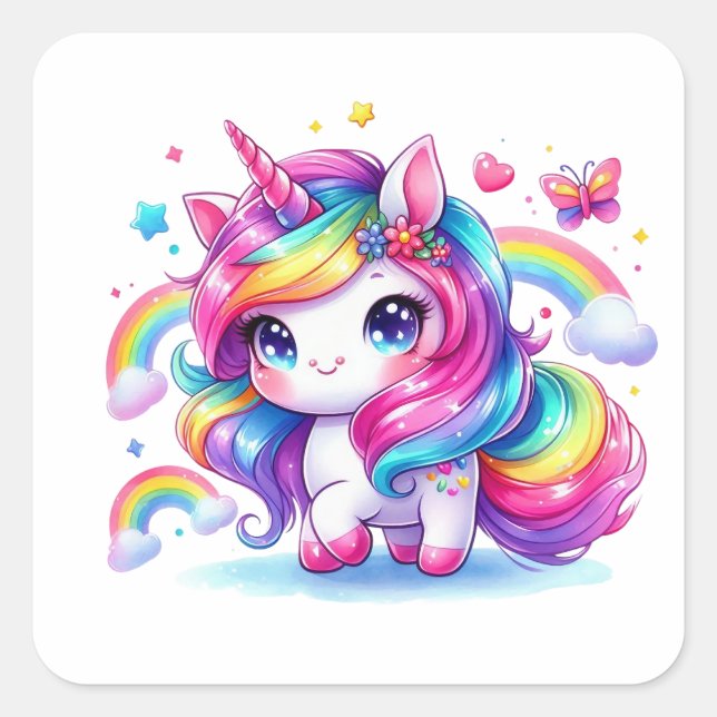 Adesivo Quadrado Cute Rainbow Unicorn (Frente)