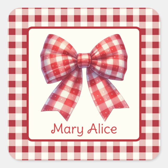Adesivo Quadrado Cute Red and Cream Gingham Bow (Frente)