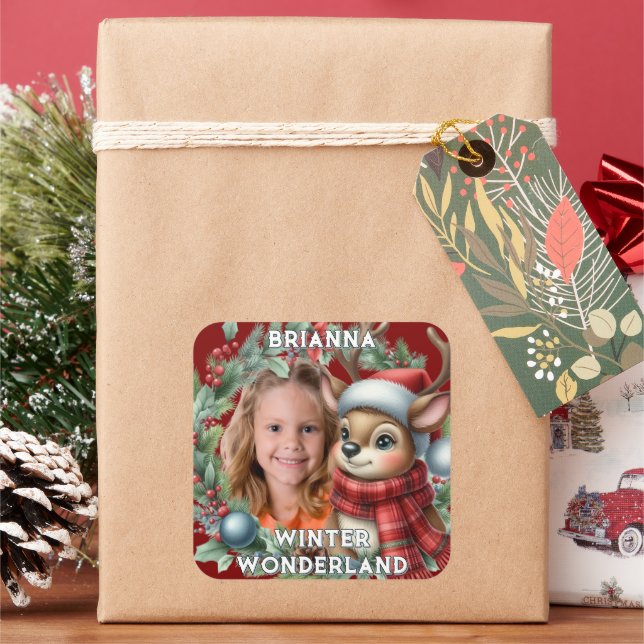 Adesivo Quadrado Cute Reindeer Christmas Holiday Wreath  (Feriado)