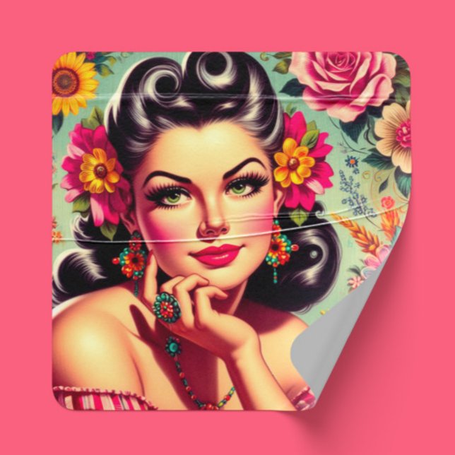 Adesivo Quadrado Cute Retro Floral Pin-up Portrait (Criador carregado)