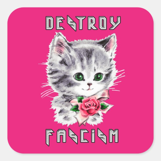 Adesivo Quadrado Cute Retro Kitten - Destrua o fascismo (Frente)