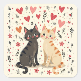 Adesivo Quadrado Cute Retro Valentine Cats