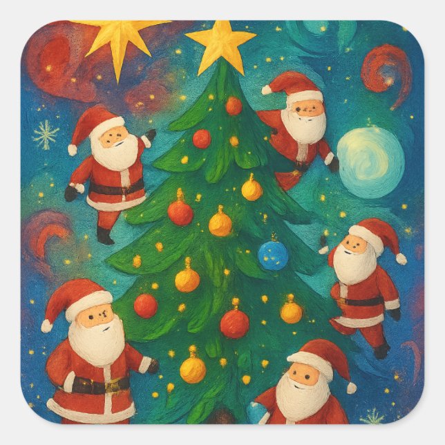 Adesivo Quadrado Cute Santa Claus Christmas Tree Illustration (Frente)