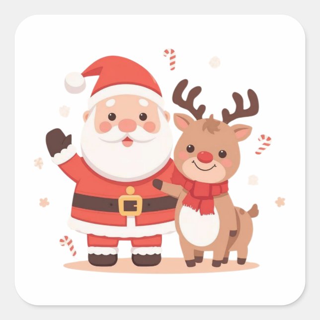 Adesivo Quadrado Cute Santa & Reindeer Christmas Sticker (Frente)