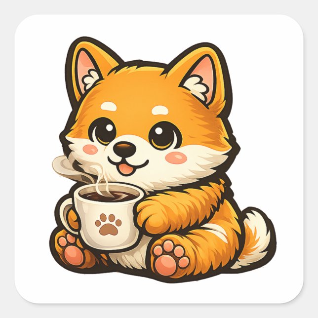 Adesivo Quadrado Cute Shiba Inu with Coffee – Cozy Dog Illustration (Frente)