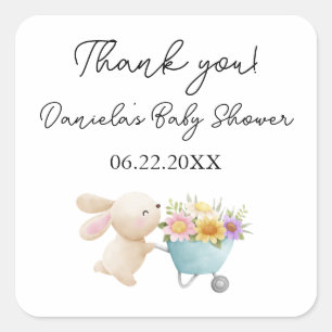 Adesivo Quadrado Cute Simple Little Bunny Wildflowers Baby Shower