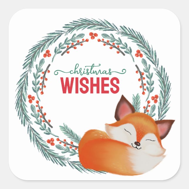Adesivo Quadrado Cute Sleeping Fox Christmas (Frente)