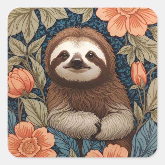 Adesivo Quadrado Cute Sloth Elegant Floral William Morris Inspired (Frente)