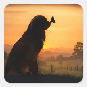 Adesivo Quadrado Cute Spaniel Cozinheiro no Pôr do Sol Com Borbolet