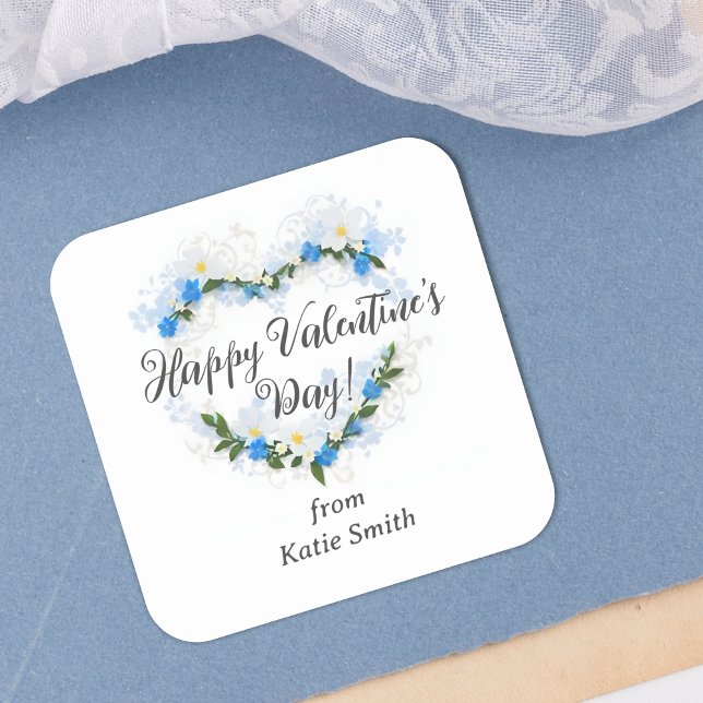 Adesivo Quadrado Cute Splendid Blue Shades Floral Valentine's Day  (Cute Splendid Blue Shades Floral Valentine's Day Wreath Square Sticker.)