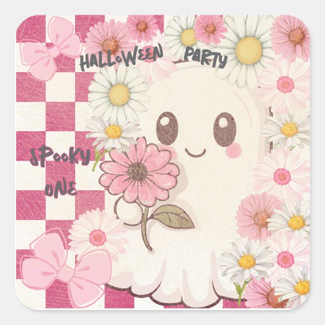 Adesivo Quadrado Cute Spooky Rosa Daisy Halloween Convite (Frente)