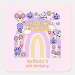 Adesivo Quadrado Cute Spooky Vibes Groovy Ghost Halloween Aniversár