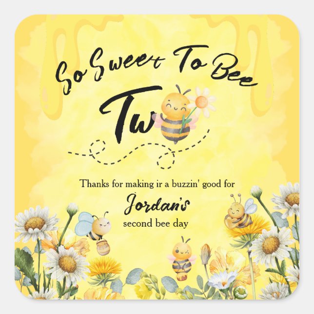 Adesivo Quadrado Cute Sweet To Bee Two Wildflower 1st birthday (Frente)