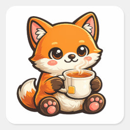 Adesivo Quadrado Cute Tea Fox Illustration – Cozy Fox Drinking Tea