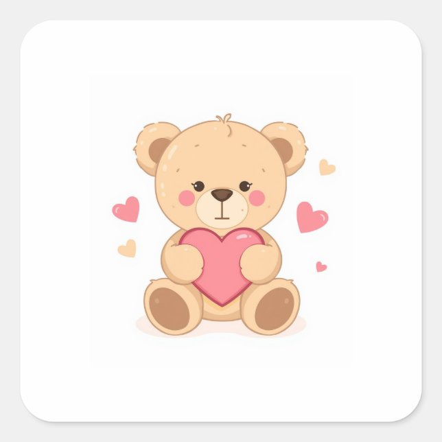 Adesivo Quadrado Cute Teddy Bear Holding Heart – Valentine Love Ill (Frente)