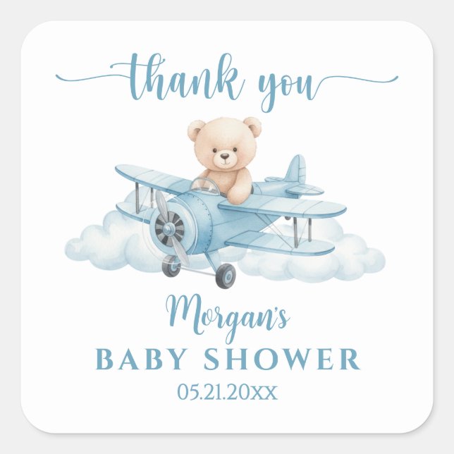 Adesivo Quadrado Cute Teddy Bear Pilot Baby Shower Thank You (Frente)