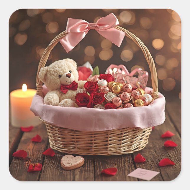 Adesivo Quadrado Cute Teddy Rose Basket Valentine Heart (Frente)