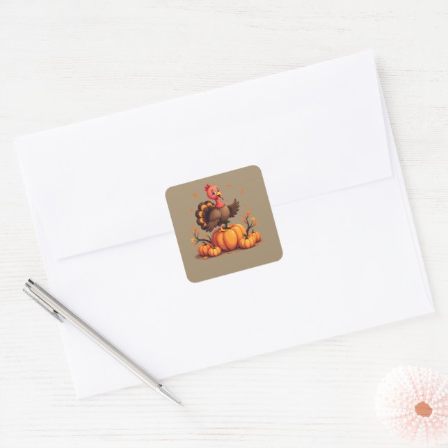 Adesivo Quadrado Cute Thanksgiving Turkey Autumn Pumpkins Scene (Envelope)