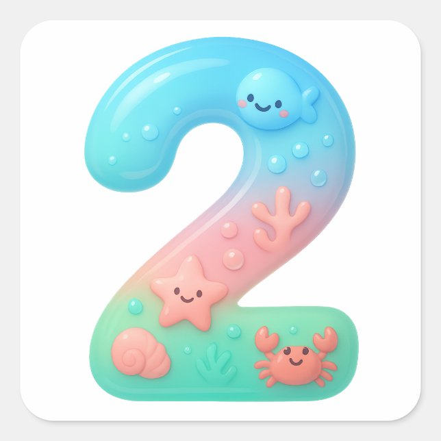 Adesivo Quadrado Cute Under The Sea Theme Cartoon Number 2 (Frente)