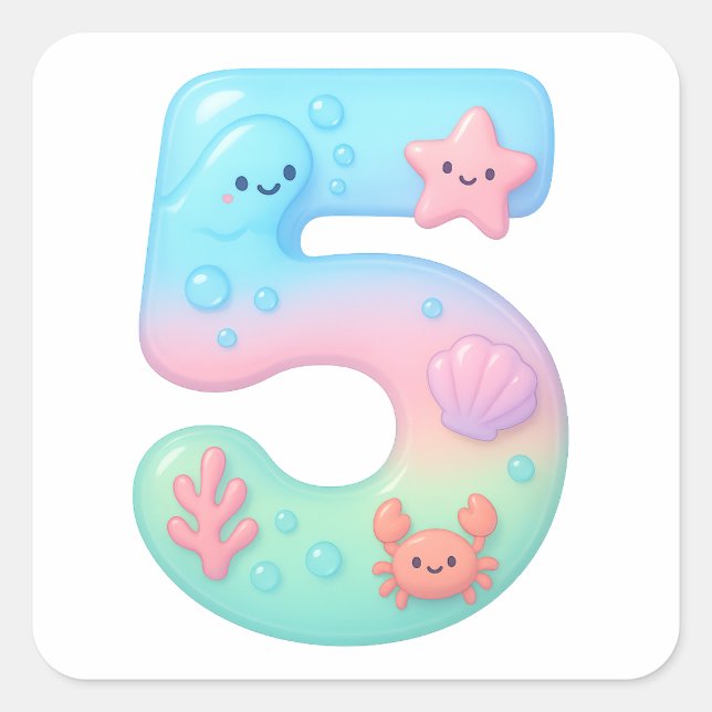 Adesivo Quadrado Cute Under The Sea Theme Cartoon Number 5 (Frente)