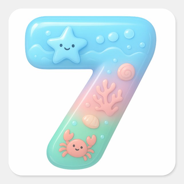 Adesivo Quadrado Cute Under The Sea Theme Cartoon Number 7 (Frente)