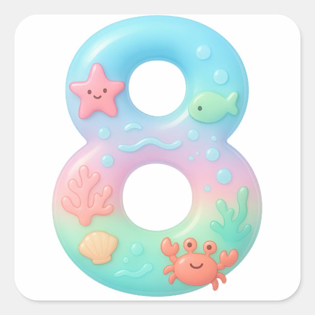 Adesivo Quadrado Cute Under The Sea Theme Cartoon Number 8 (Frente)